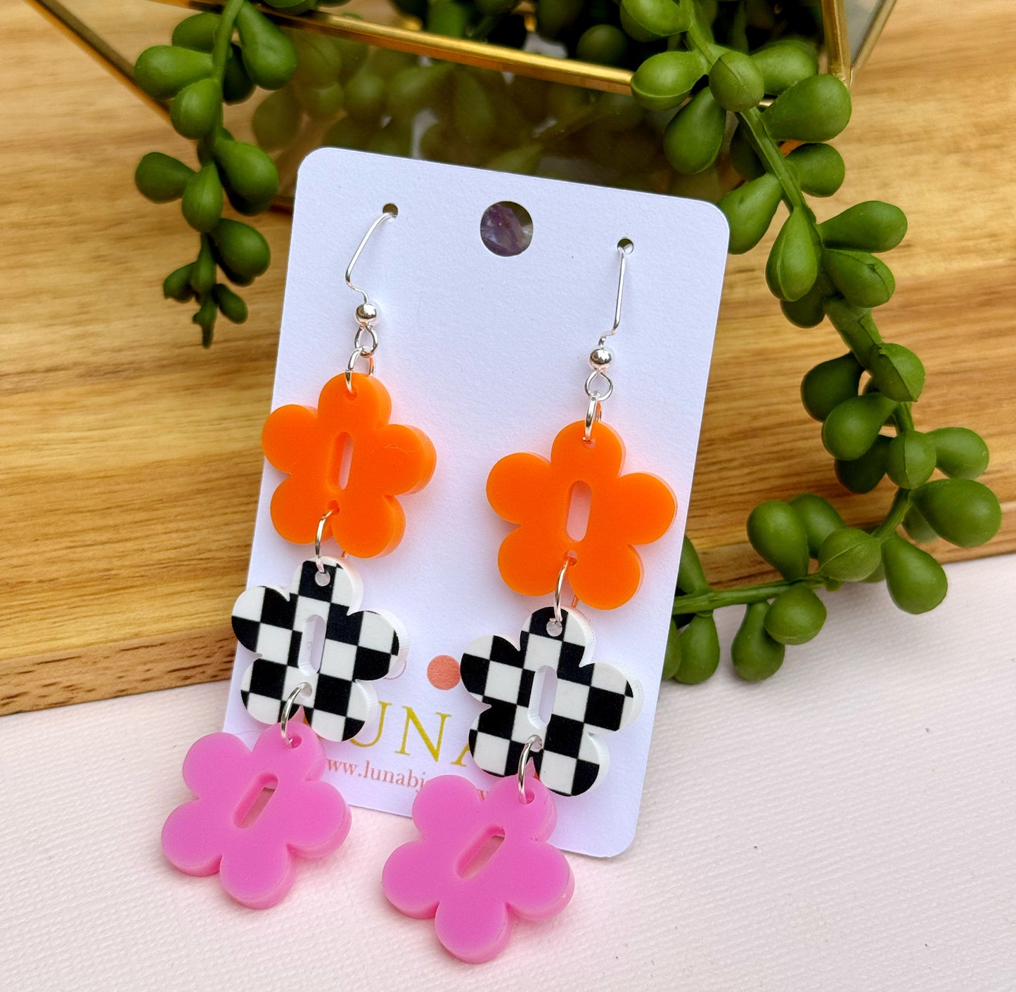 Checkered Daisy Earrings in Orange, Black & White, and Pink