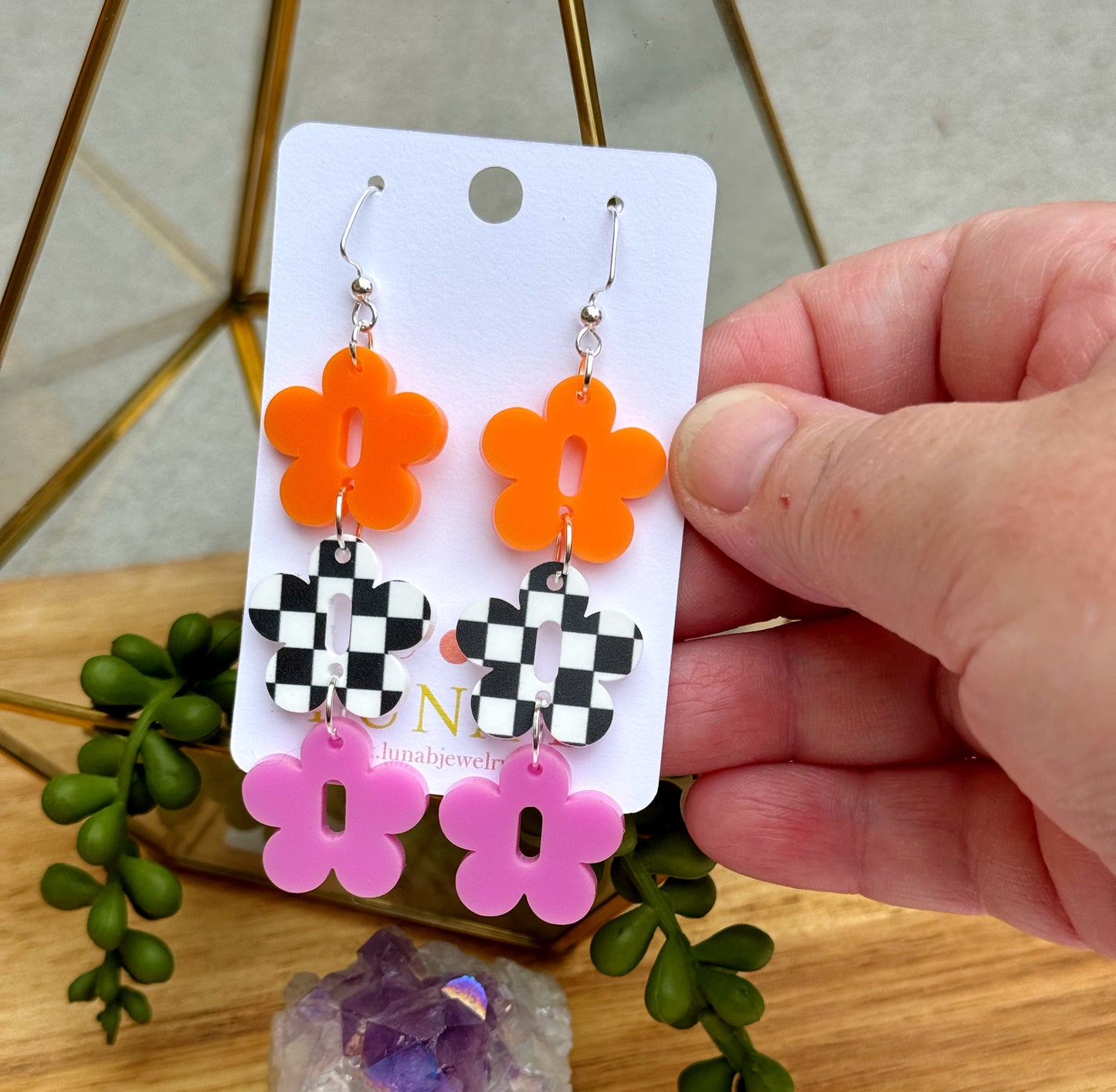 Checkered Daisy Earrings in Orange, Black & White, and Pink