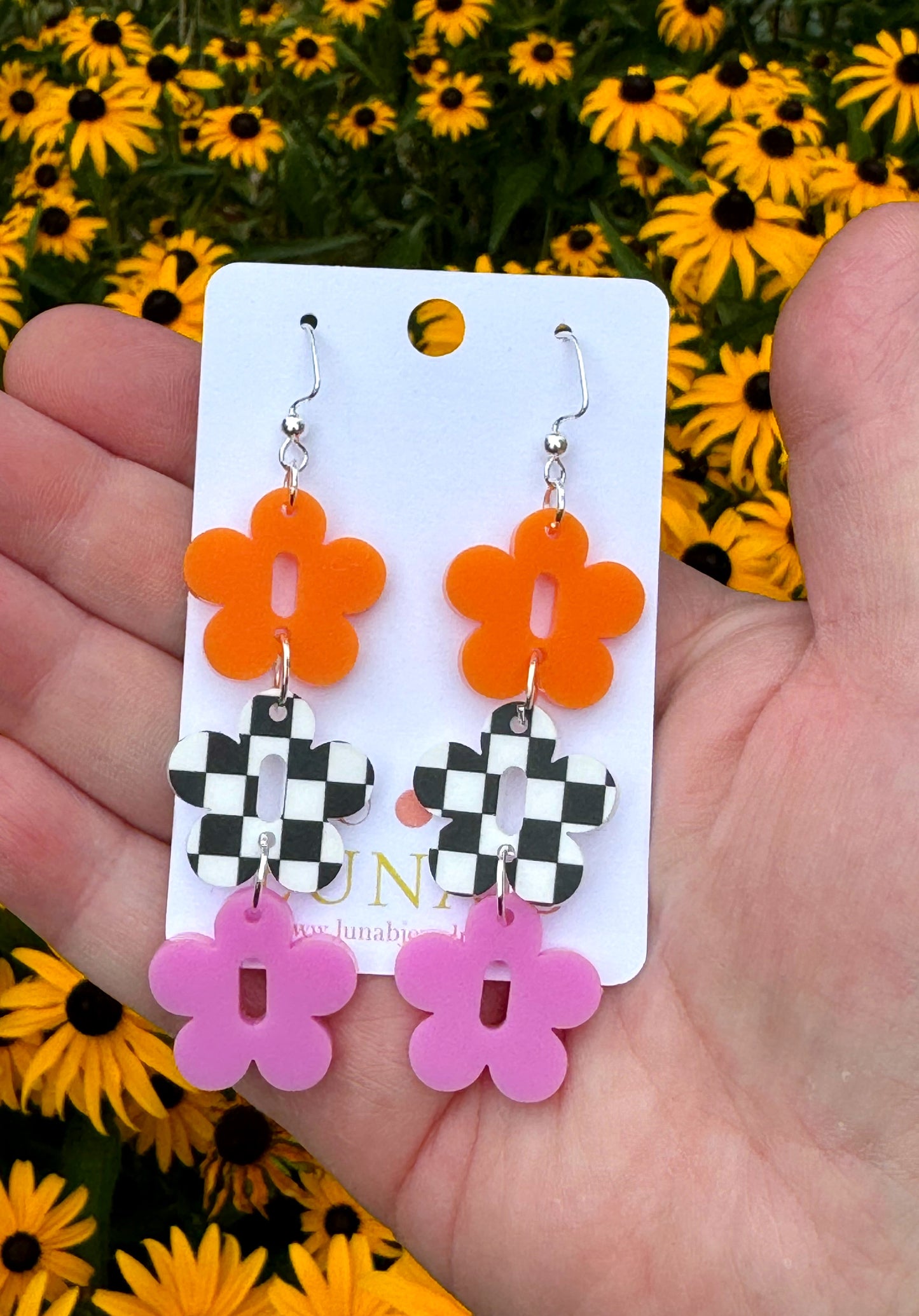 Checkered Daisy Earrings in Orange, Black & White, and Pink