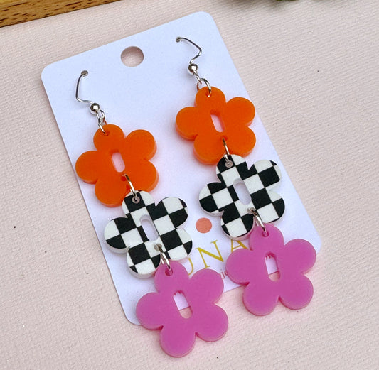 Checkered Daisy Earrings in Orange, Black & White, and Pink