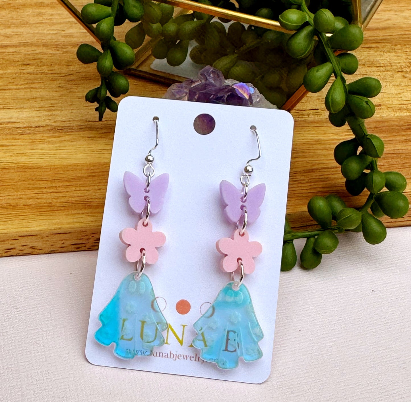 Pastel Ghost and Butterfly Earrings – Iridescent Halloween Dangles for Sensitive Ears