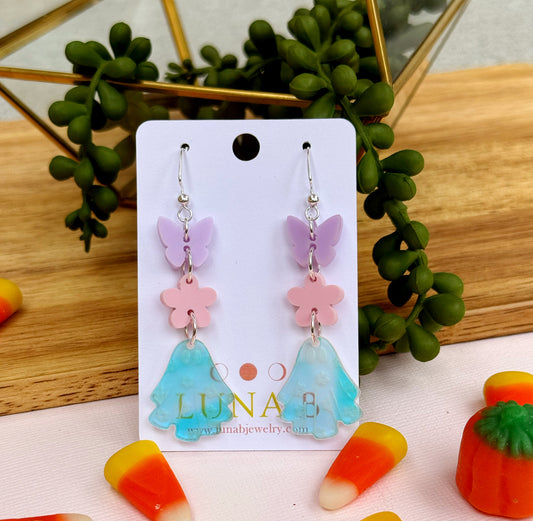 Pastel Ghost and Butterfly Earrings – Iridescent Halloween Dangles for Sensitive Ears