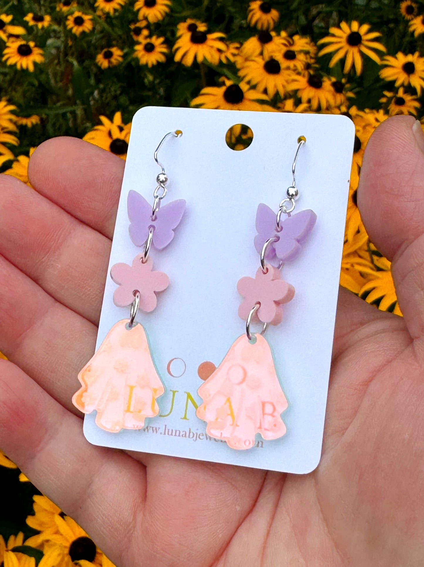 Pastel Ghost and Butterfly Earrings – Iridescent Halloween Dangles for Sensitive Ears