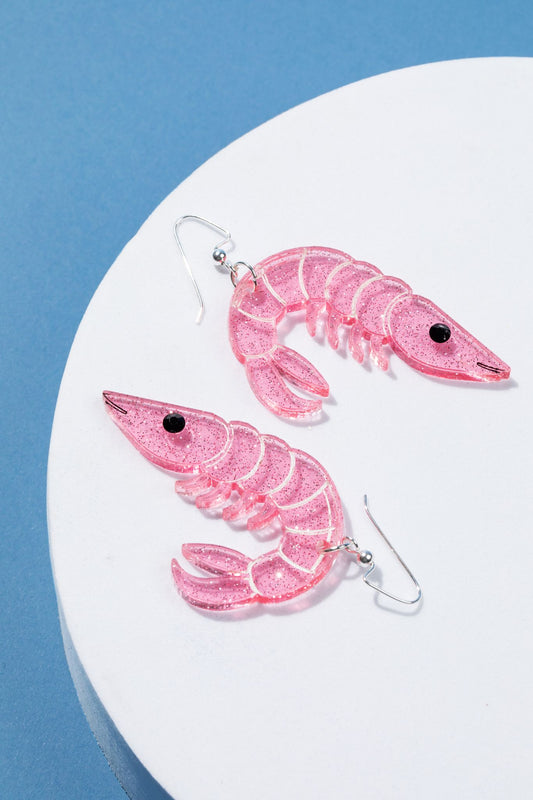 🦐 Pink Shrimp Earrings – Glitter Acrylic Statement Jewelry