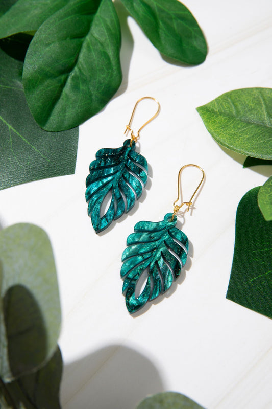 Starry Night Emerald Jungle Palm Leaf Earrings