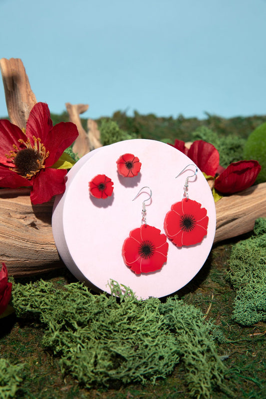 Red Poppy Earrings - Studs or Danglers