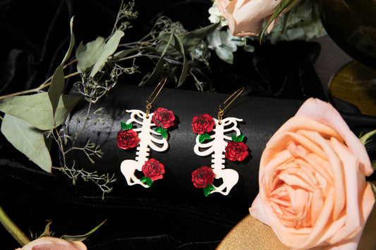 Bones n Roses Earrings – Gothic Skeleton Statement Jewelry with Roses – Nickel-Free Gold Plated