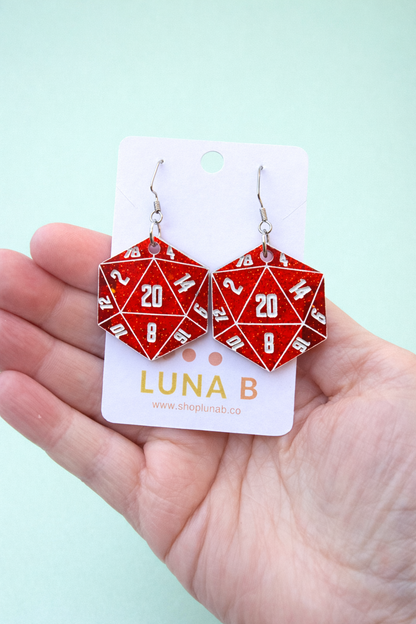 D20 Dice Earrings – Red Glitter