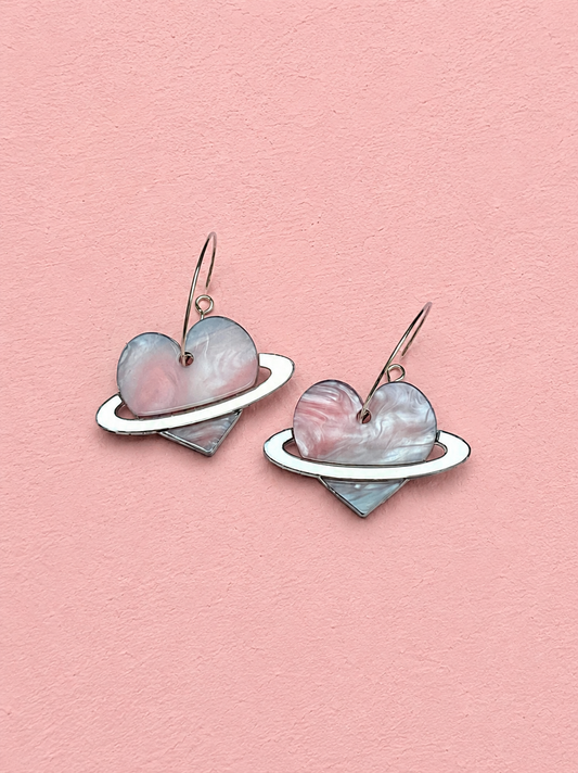 Cotton Candy Heart Planet Earrings | Pink & Blue Saturn Earrings