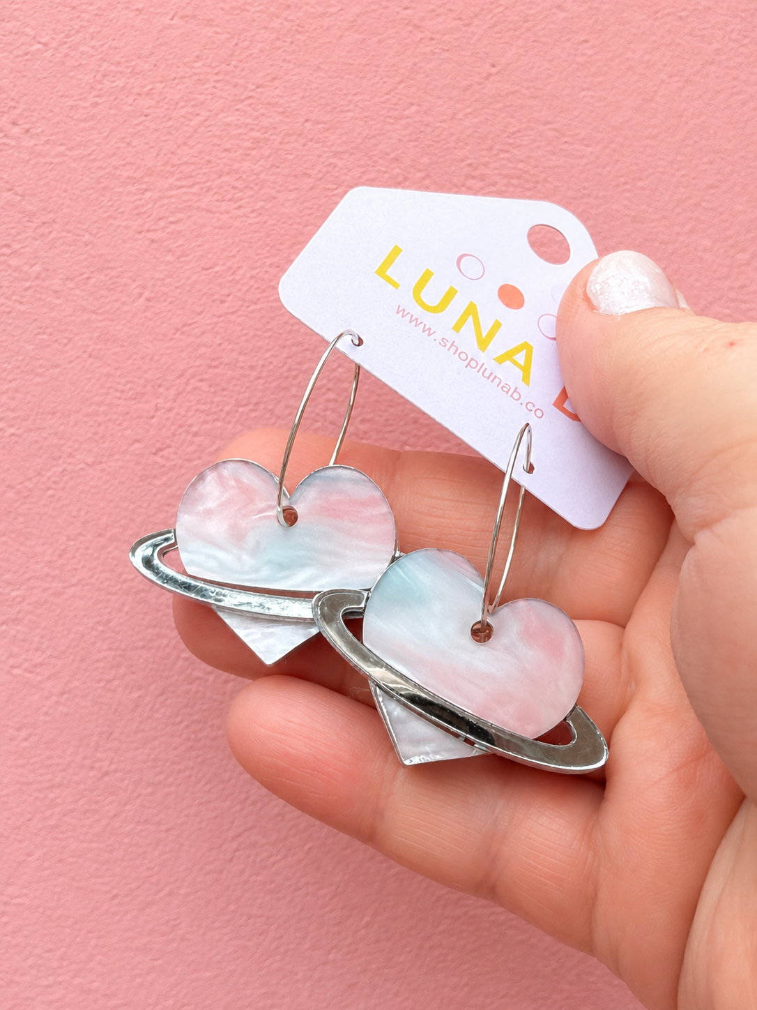 Cotton Candy Heart Planet Earrings | Pink & Blue Saturn Earrings