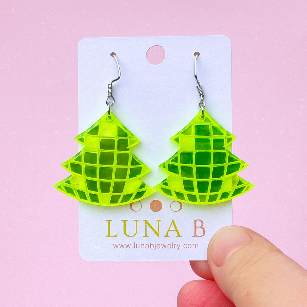 Disco Ball Christmas Tree Earrings – Mirrored Acrylic Holiday Dangles | Luna B Jewelry
