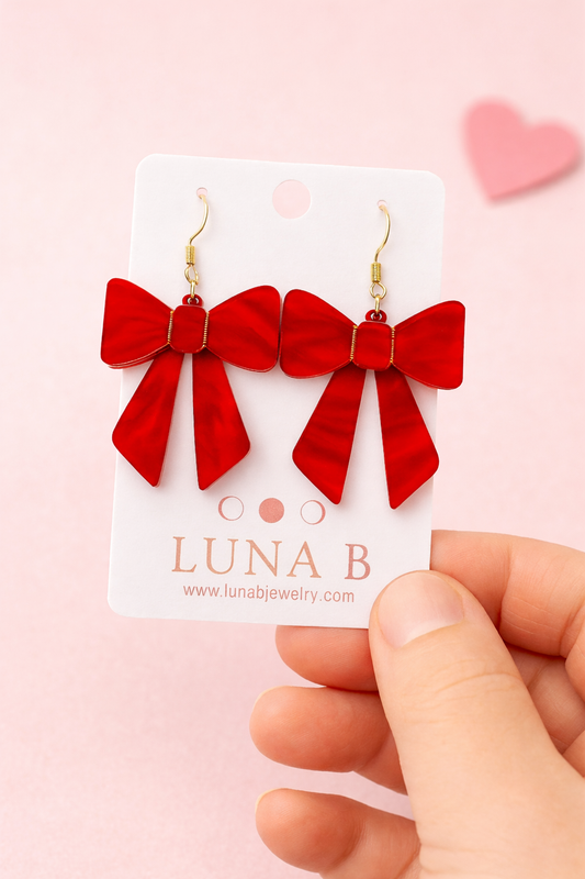 Red Bow Earrings – Classic Acrylic Dangles | Luna B Jewelry