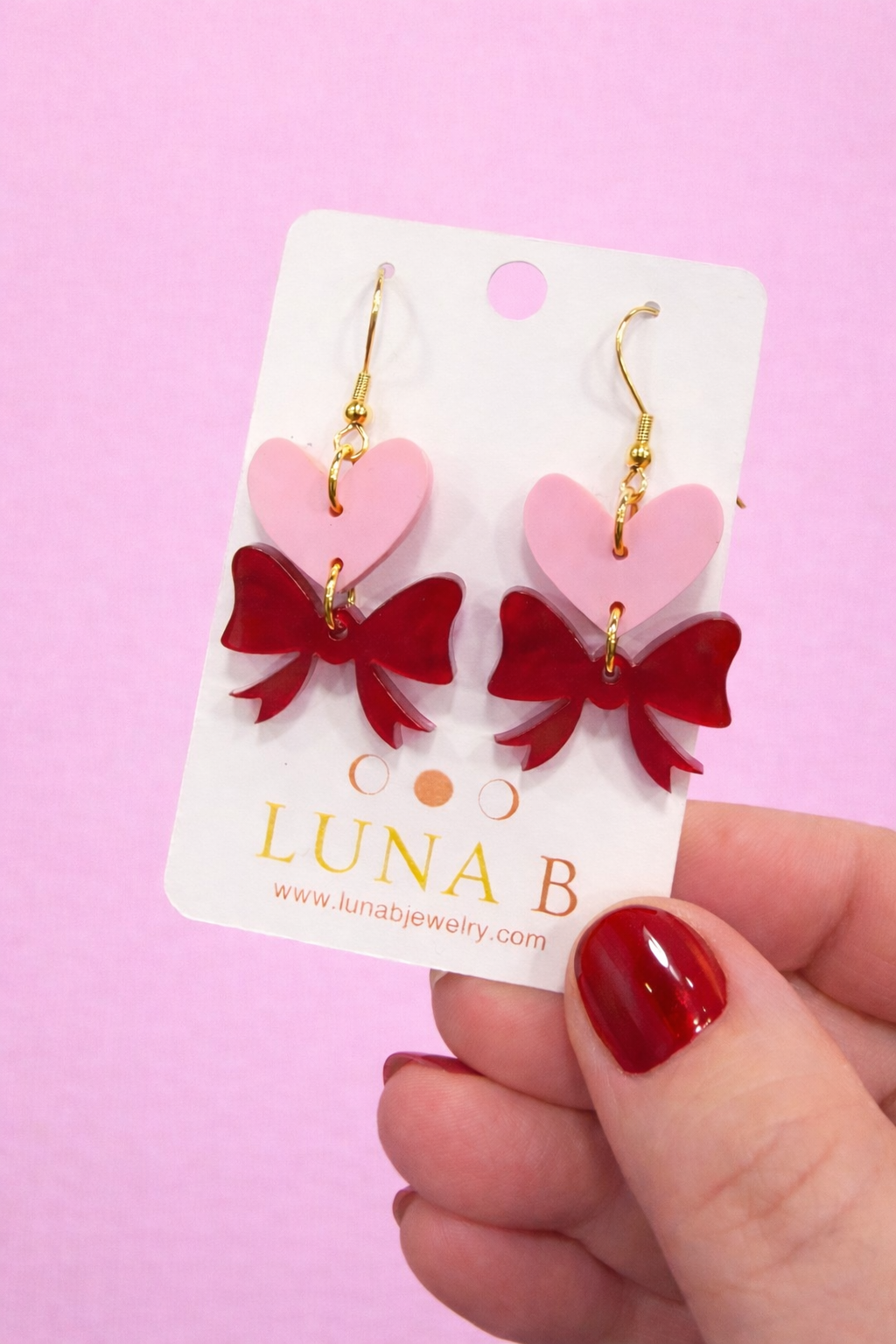 Pink Heart & Red Coquette Bow Dangle Earrings