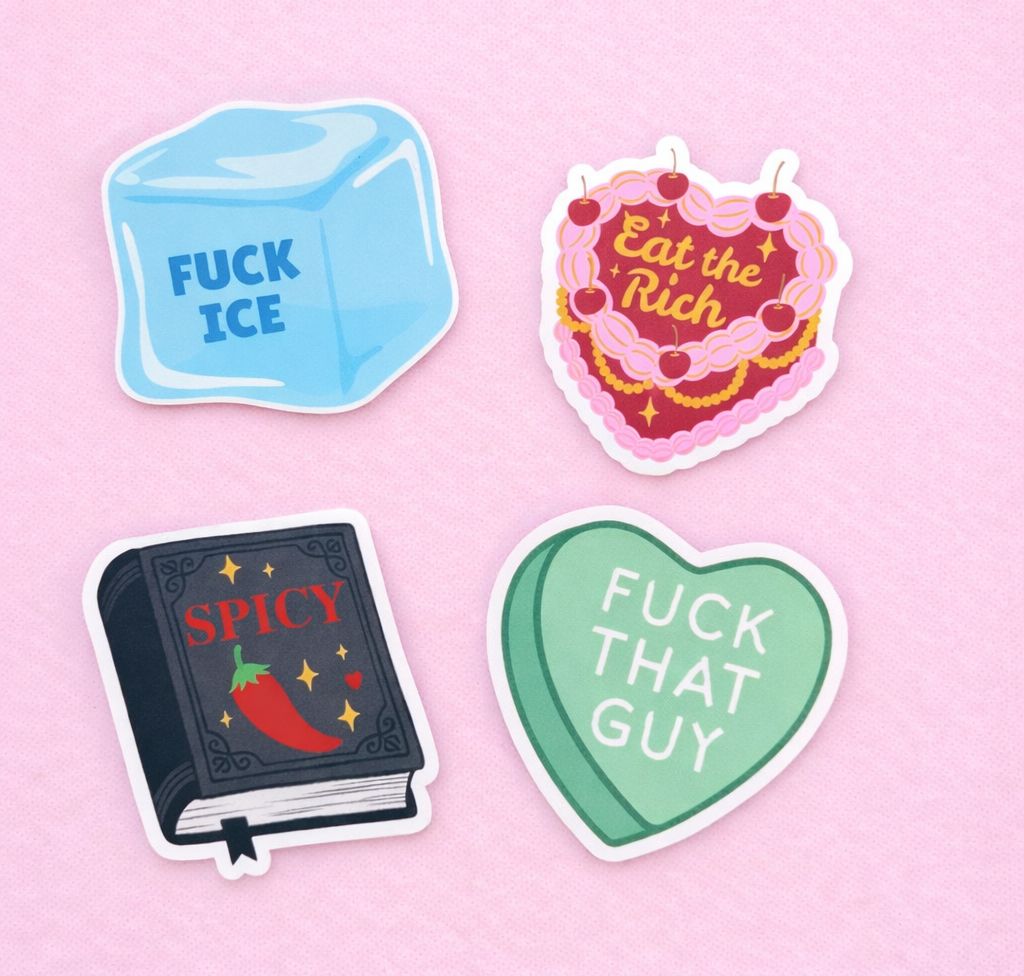 Four colorful stickers with text on a pink background