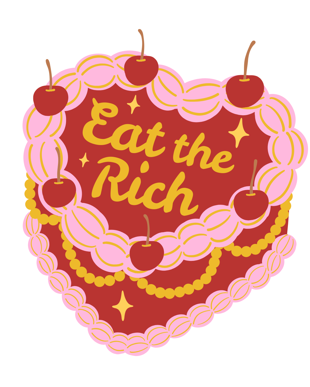 Cake with 'Eat the Rich' text surrounded by cherries on a red background