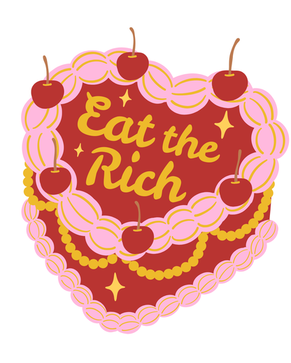 Cake with 'Eat the Rich' text surrounded by cherries on a red background