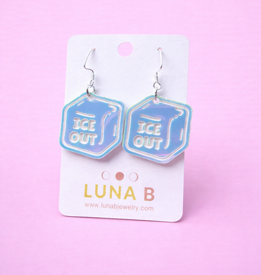 Ice Out earrings on a Luna B branded card against a pink background