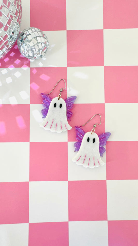 Fairy Ghost Earrings – Sparkly Halloween Acrylic Earrings with Purple Wings