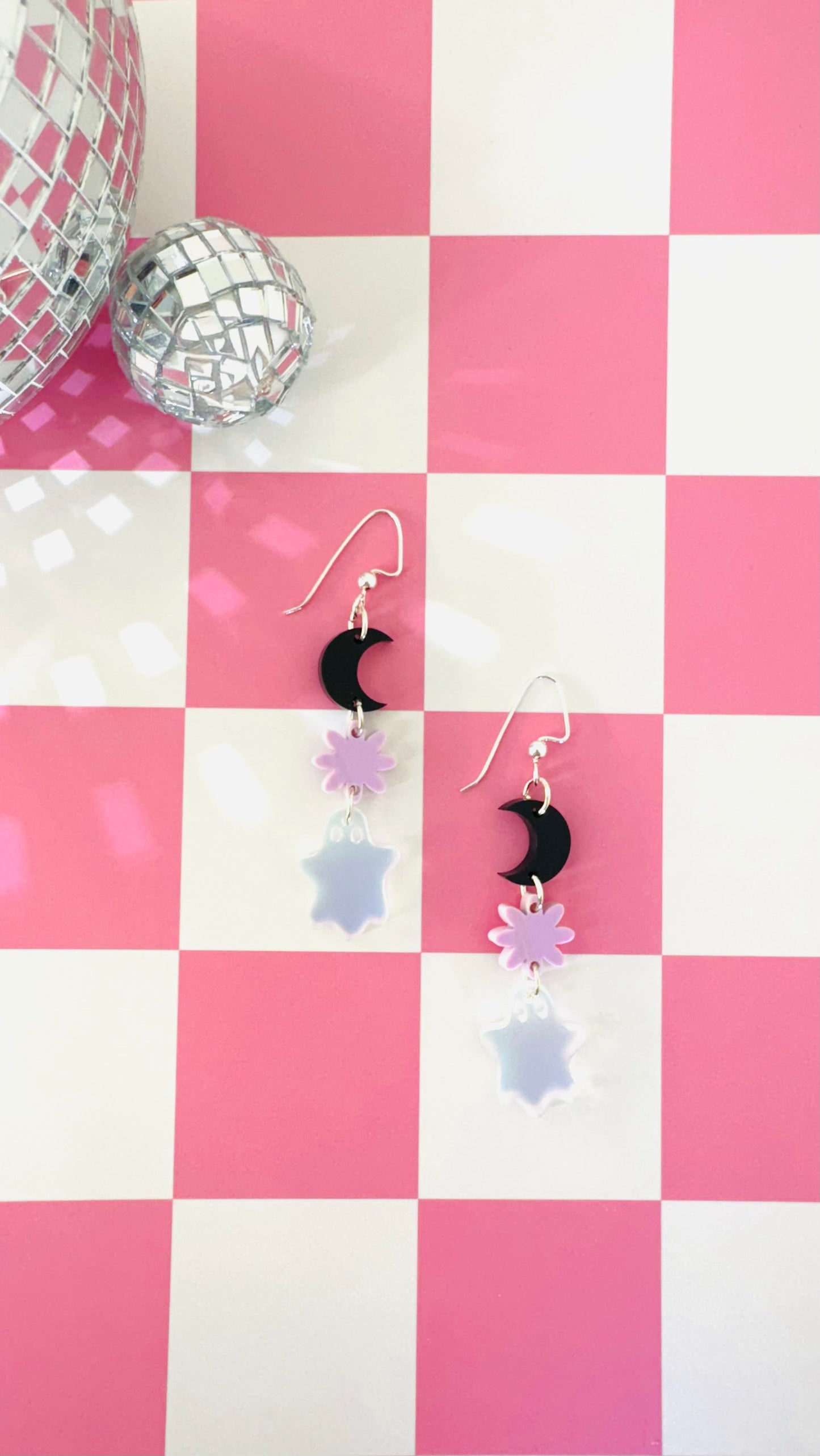 Iridescent Ghost and Moon Earrings – Pastel Halloween Dangle Jewelry for Sensitive Ears