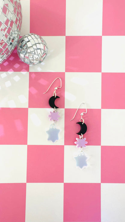 Iridescent Ghost and Moon Earrings – Pastel Halloween Dangle Jewelry for Sensitive Ears