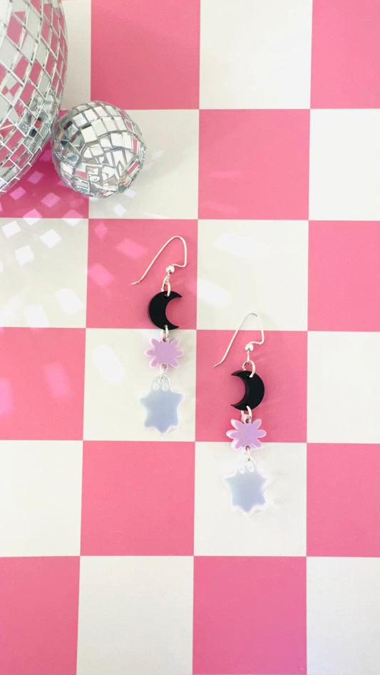 Iridescent Ghost and Moon Earrings – Pastel Halloween Dangle Jewelry for Sensitive Ears