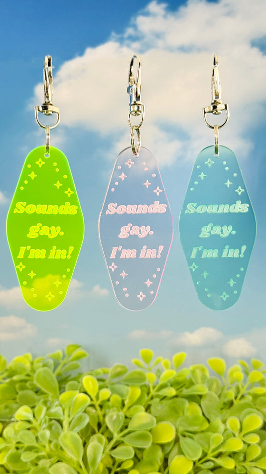 Sounds Gay, I’m In! Retro Motel Keychain – Handmade Pride Accessory