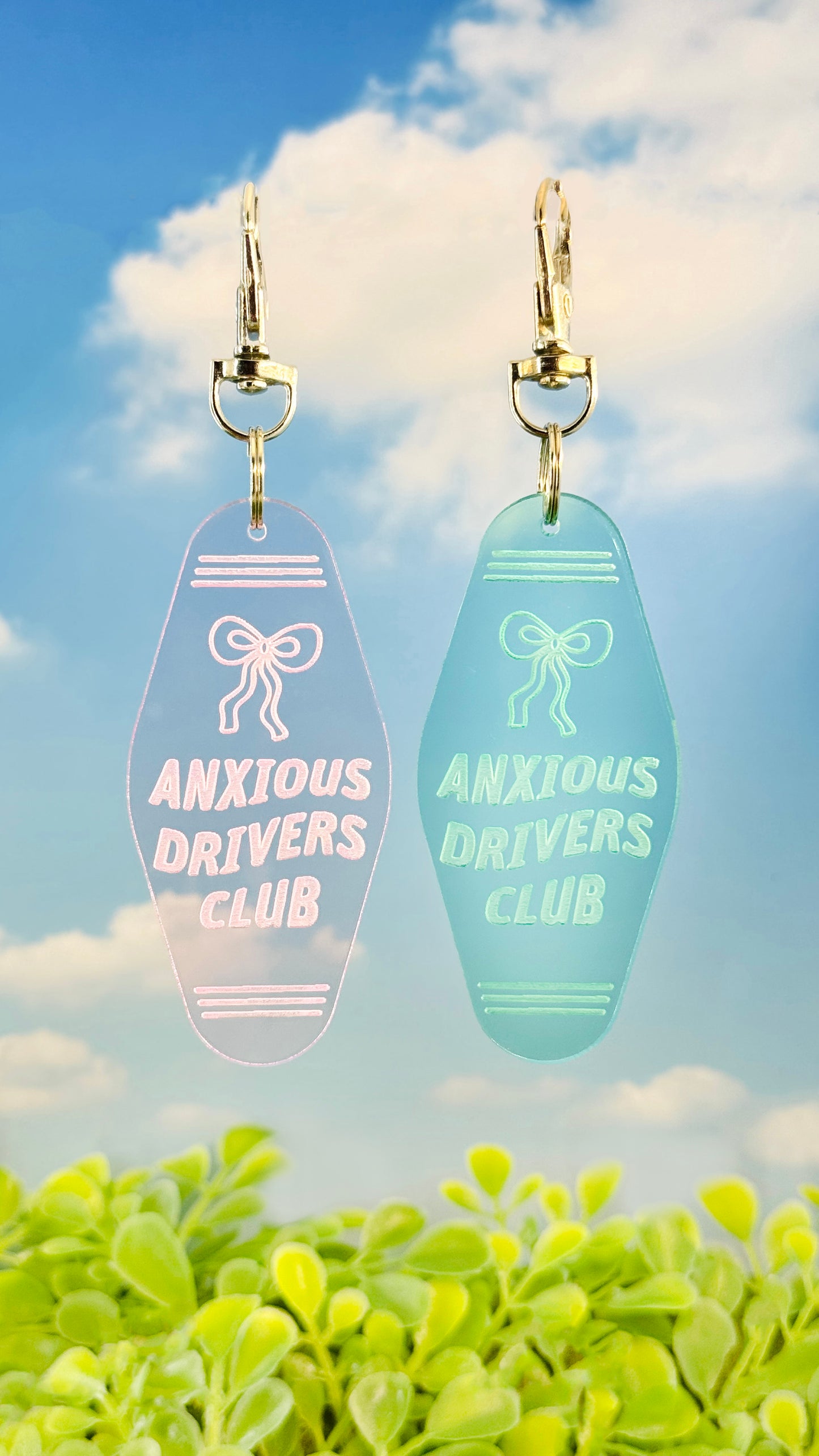 Anxious Drivers Club Motel Keychain – Acrylic Keychain with Cute Bow Detail
