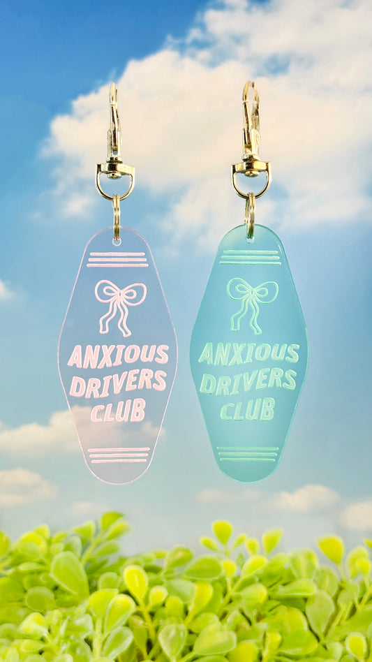 Anxious Drivers Club Motel Keychain – Acrylic Keychain with Cute Bow Detail