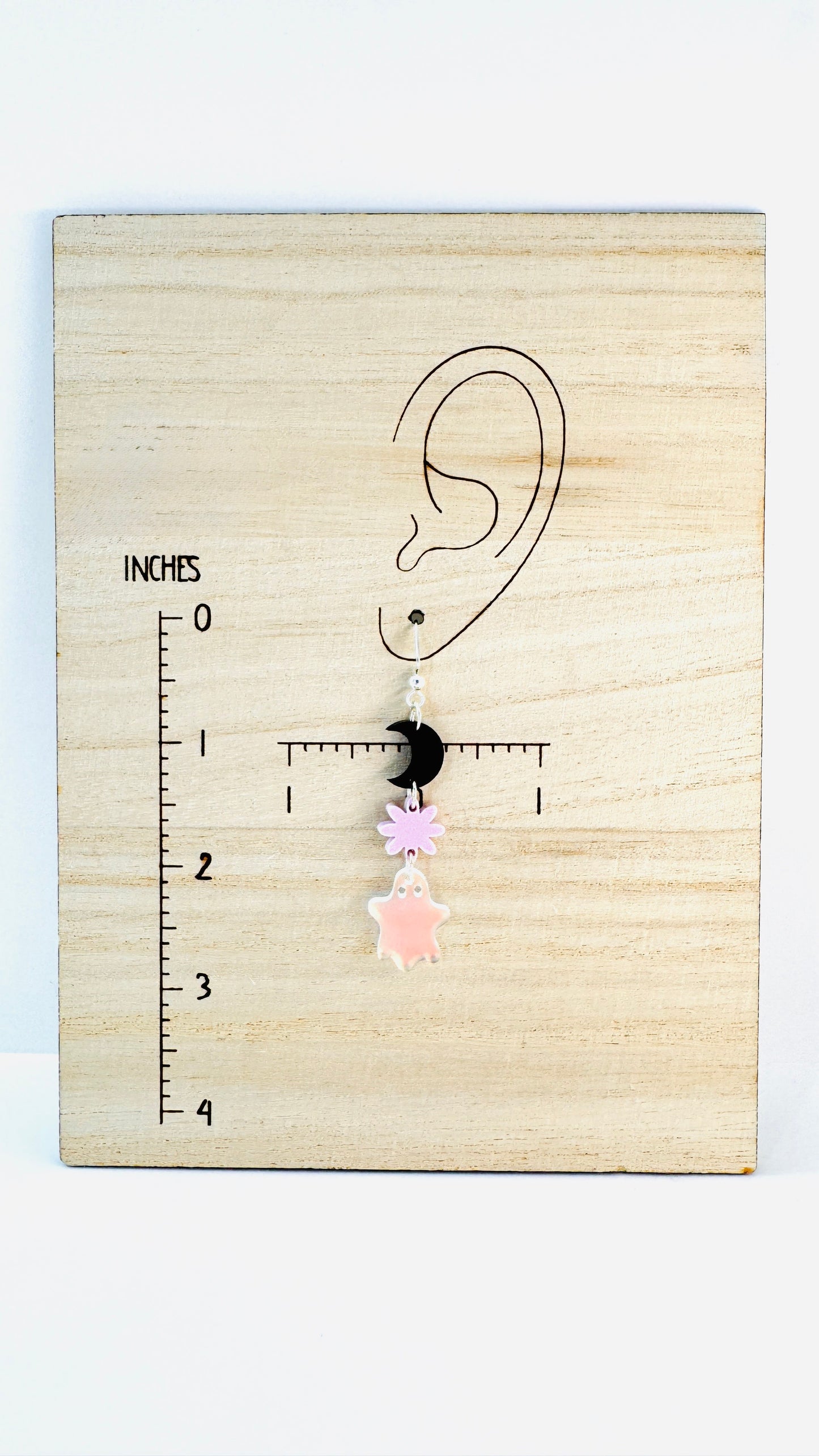Iridescent Ghost and Moon Earrings – Pastel Halloween Dangle Jewelry for Sensitive Ears
