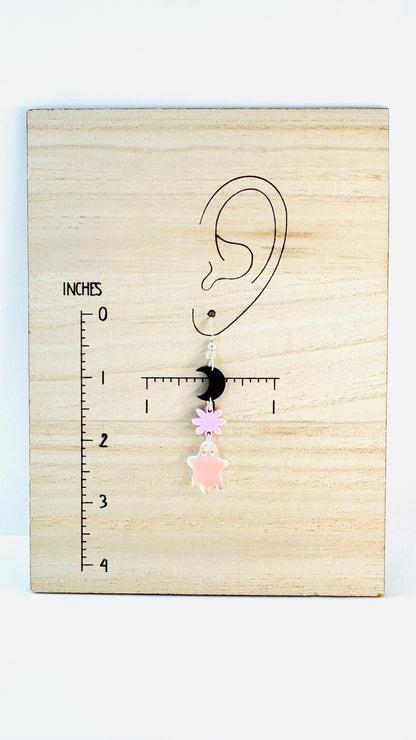 Iridescent Ghost and Moon Earrings – Pastel Halloween Dangle Jewelry for Sensitive Ears