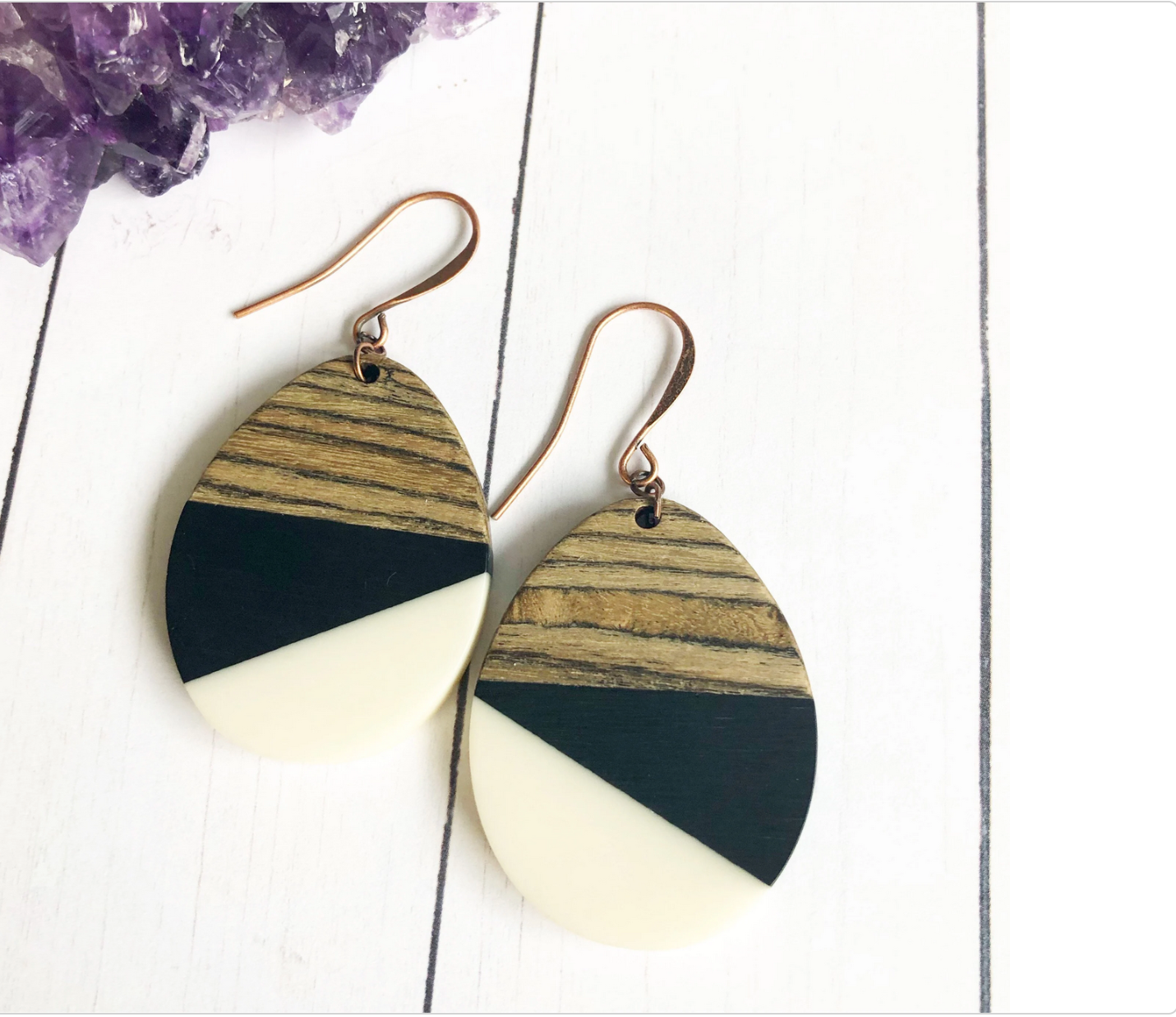 Black & White Wood & Resin Teardrop Earrings