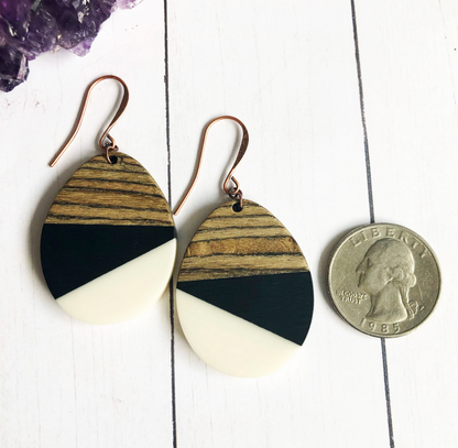 Black & White Wood & Resin Teardrop Earrings