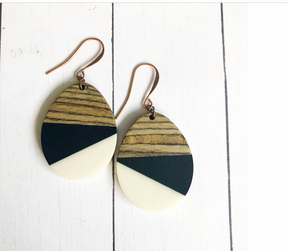 Black & White Wood & Resin Teardrop Earrings