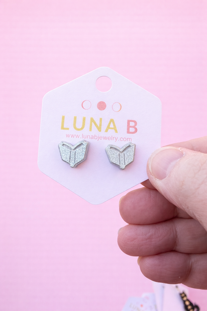 Open Book Stud Earrings – Silver Glitter