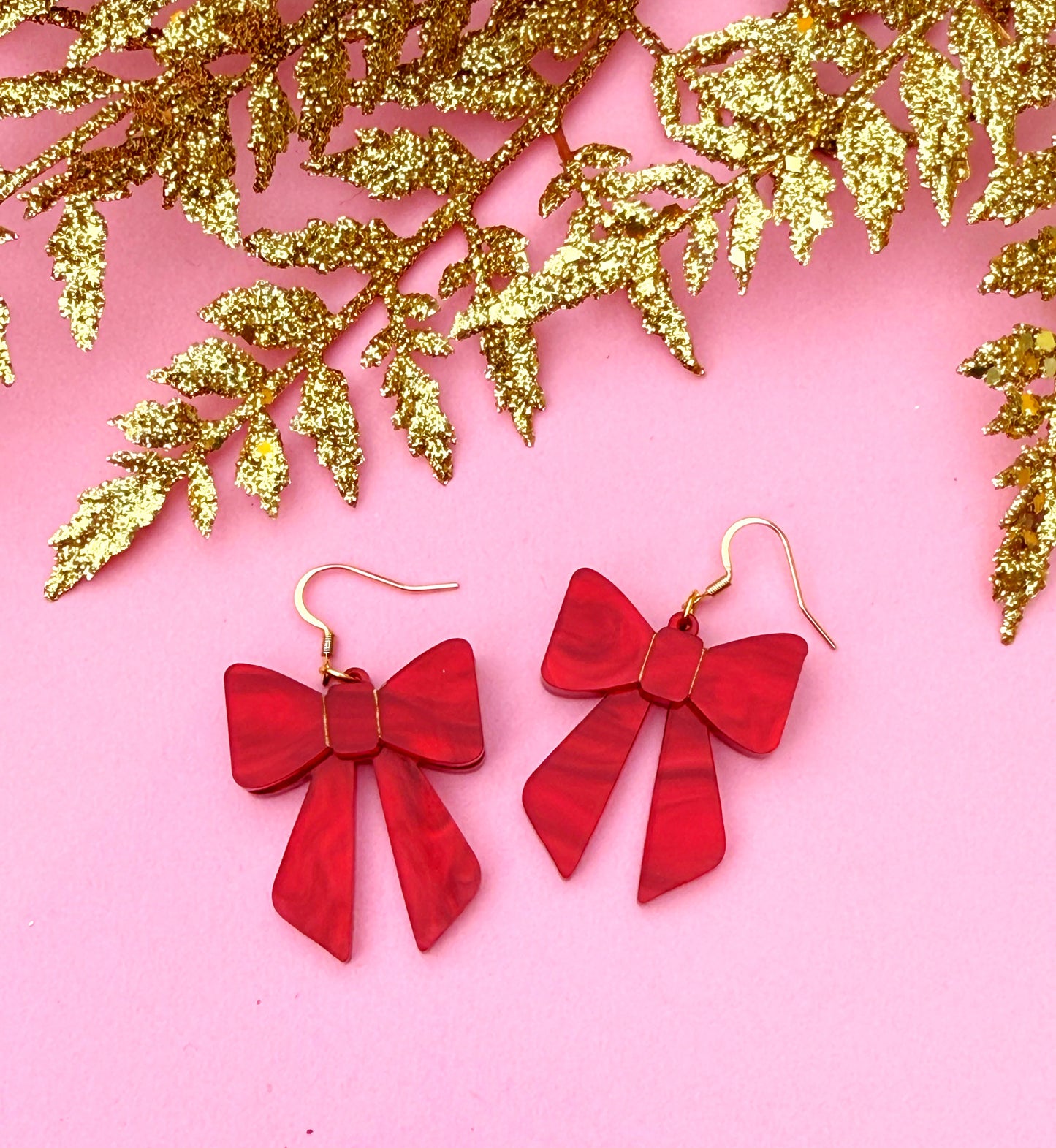 Red Bow Earrings – Classic Holiday Acrylic Dangles | Luna B Jewelry