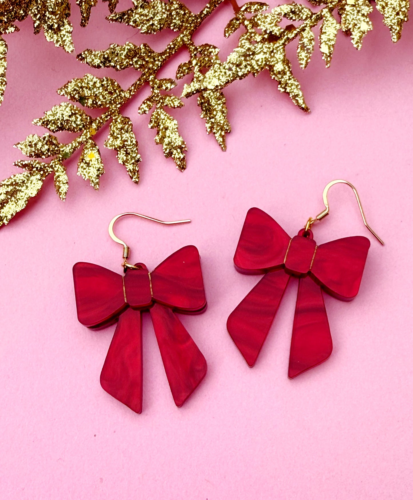 Red Bow Earrings – Classic Holiday Acrylic Dangles | Luna B Jewelry