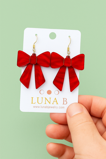 Red Bow Earrings – Classic Holiday Acrylic Dangles | Luna B Jewelry