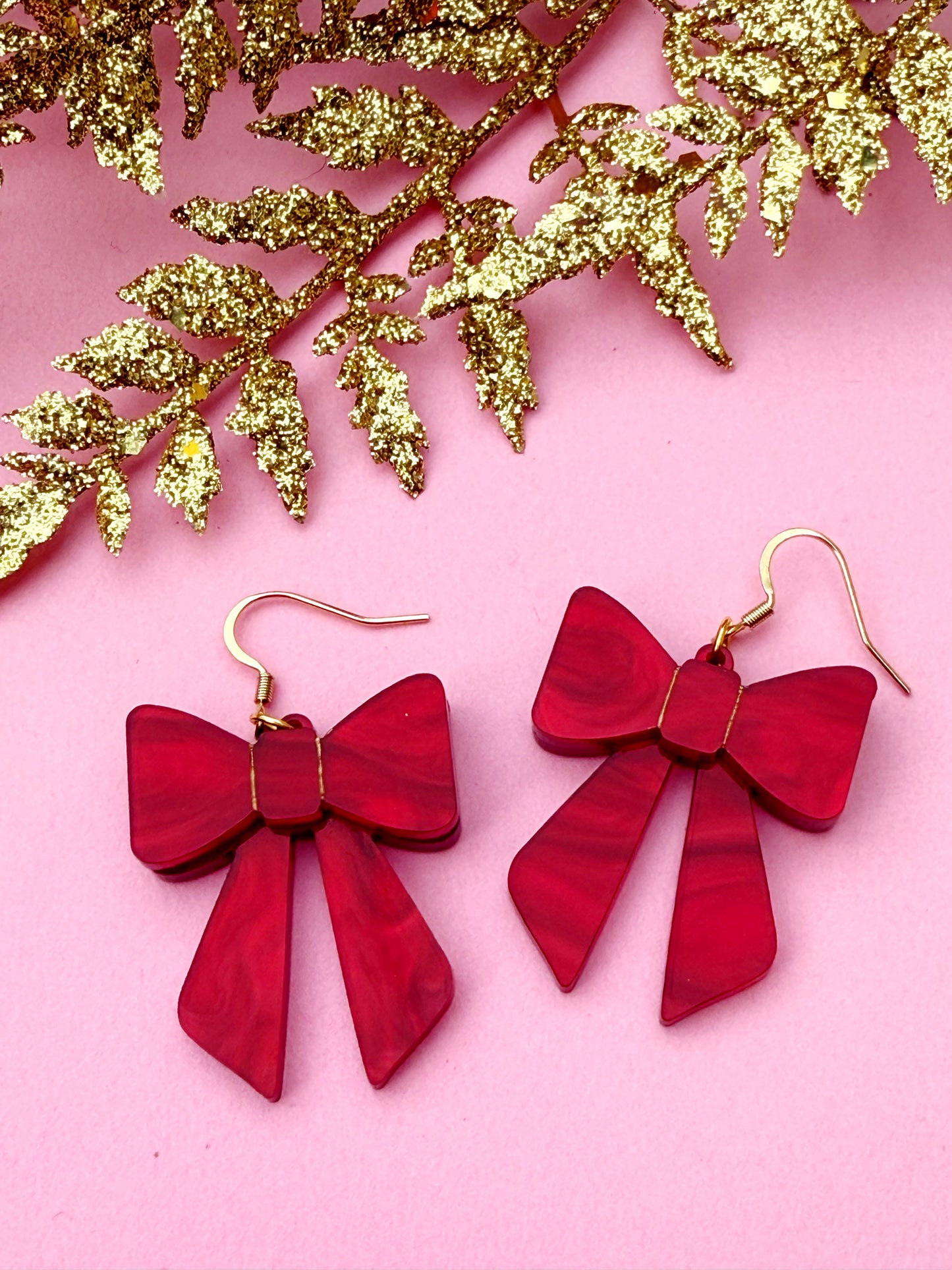 Red Bow Earrings – Classic Holiday Acrylic Dangles | Luna B Jewelry