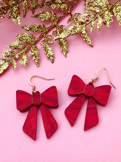 Red Bow Earrings – Classic Holiday Acrylic Dangles | Luna B Jewelry