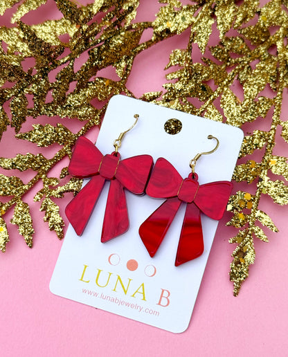 Red Bow Earrings – Classic Holiday Acrylic Dangles | Luna B Jewelry