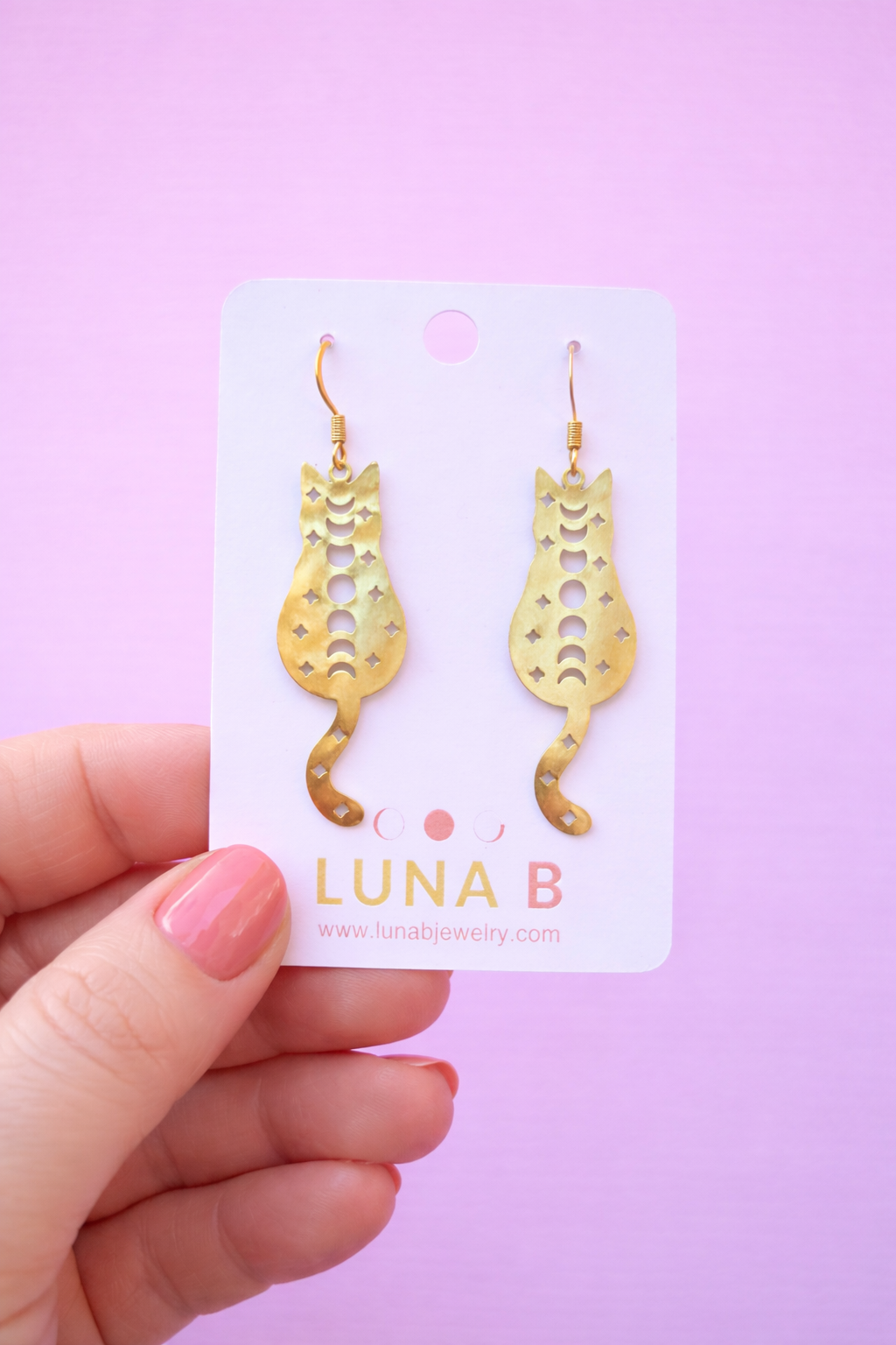 Brass Moon Phase Cat Earrings