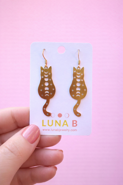 Brass Moon Phase Cat Earrings