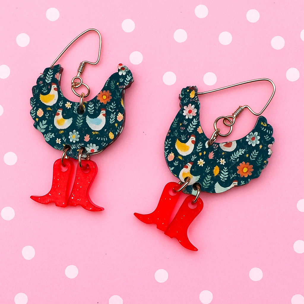 Everyday Chicken Earrings – Folk Floral Hen Dangles with Red Boots | Luna B Jewelry
