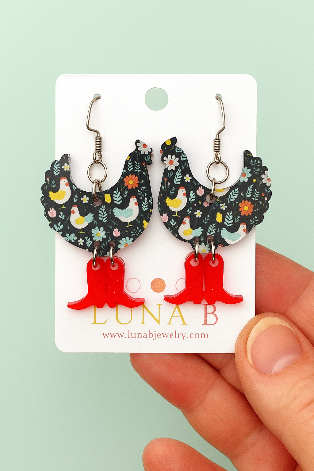 Everyday Chicken Earrings – Folk Floral Hen Dangles with Red Boots | Luna B Jewelry