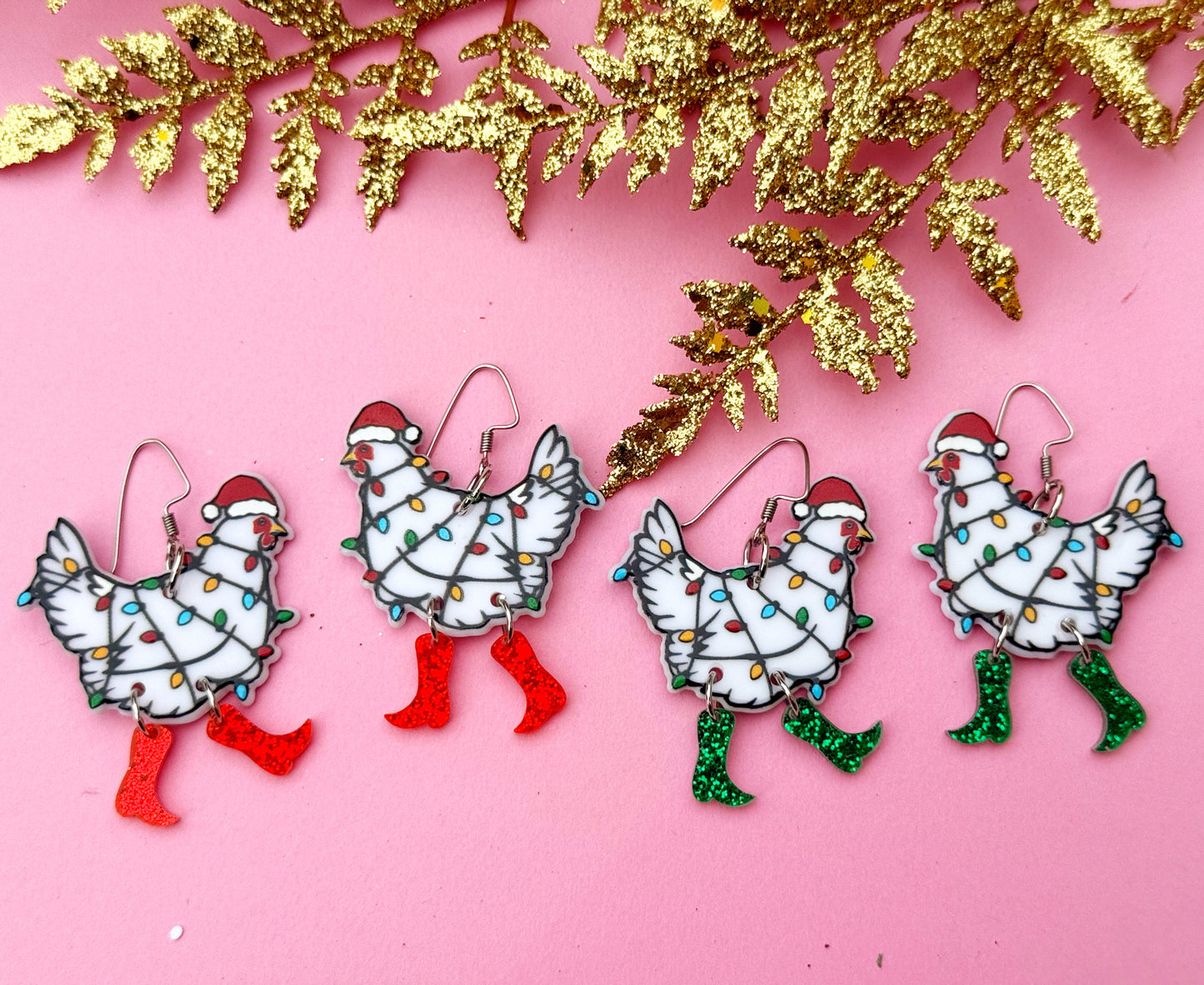 Festive Chicken Earrings – Holiday Hen Dangles Wrapped in Christmas Lights | Luna B Jewelry
