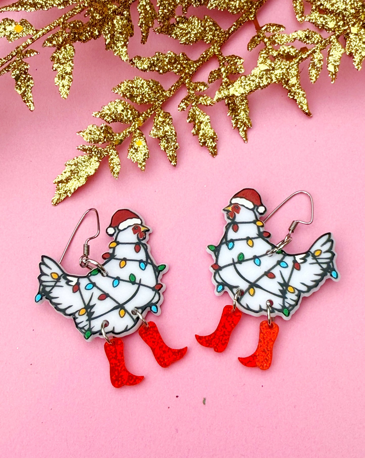 Festive Chicken Earrings – Holiday Hen Dangles Wrapped in Christmas Lights | Luna B Jewelry