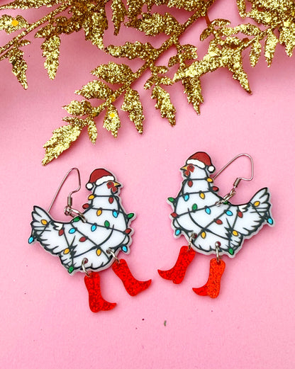 Festive Chicken Earrings – Holiday Hen Dangles Wrapped in Christmas Lights | Luna B Jewelry