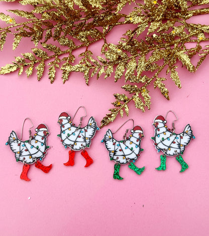 Festive Chicken Earrings – Holiday Hen Dangles Wrapped in Christmas Lights | Luna B Jewelry