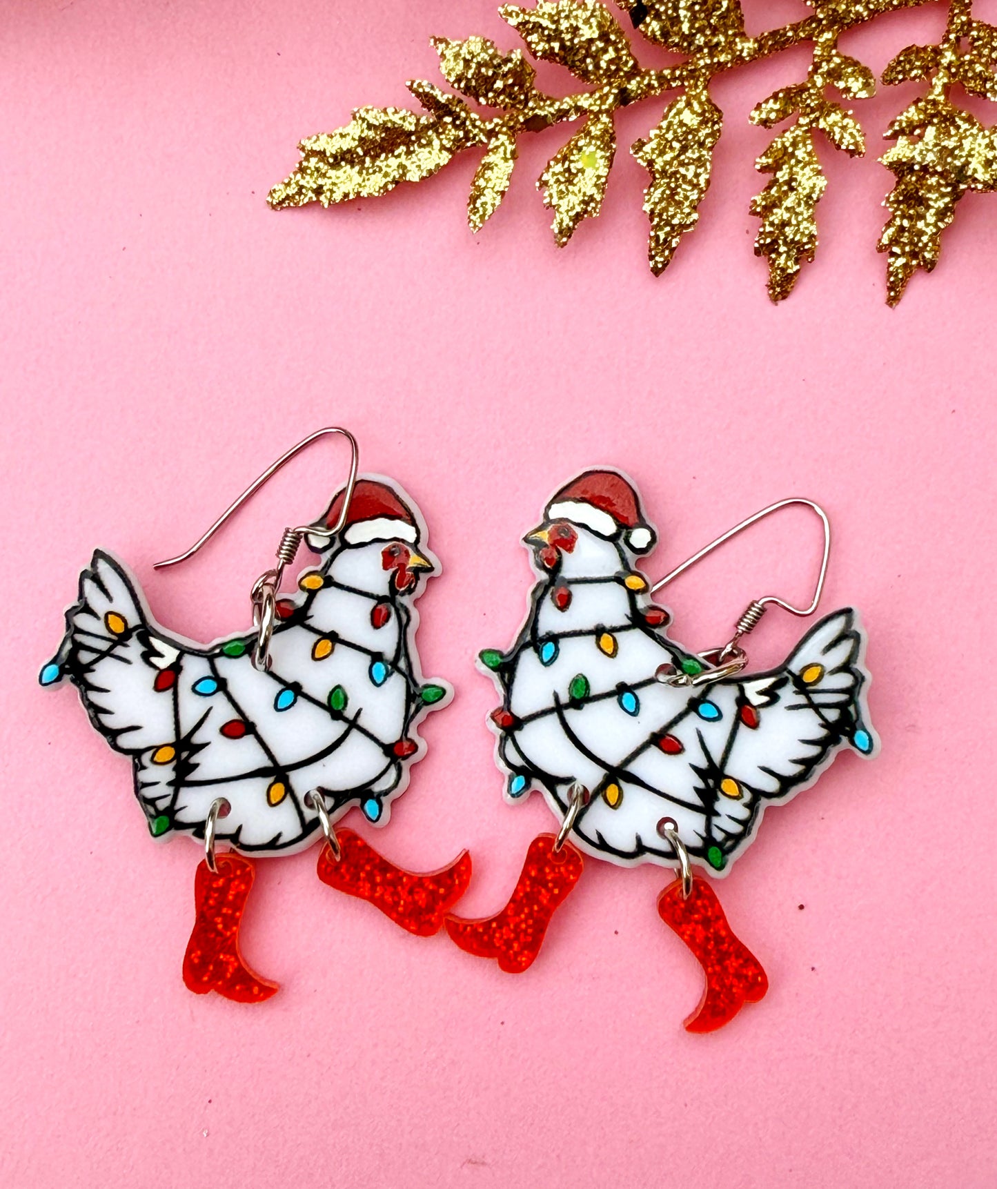 Festive Chicken Earrings – Holiday Hen Dangles Wrapped in Christmas Lights | Luna B Jewelry