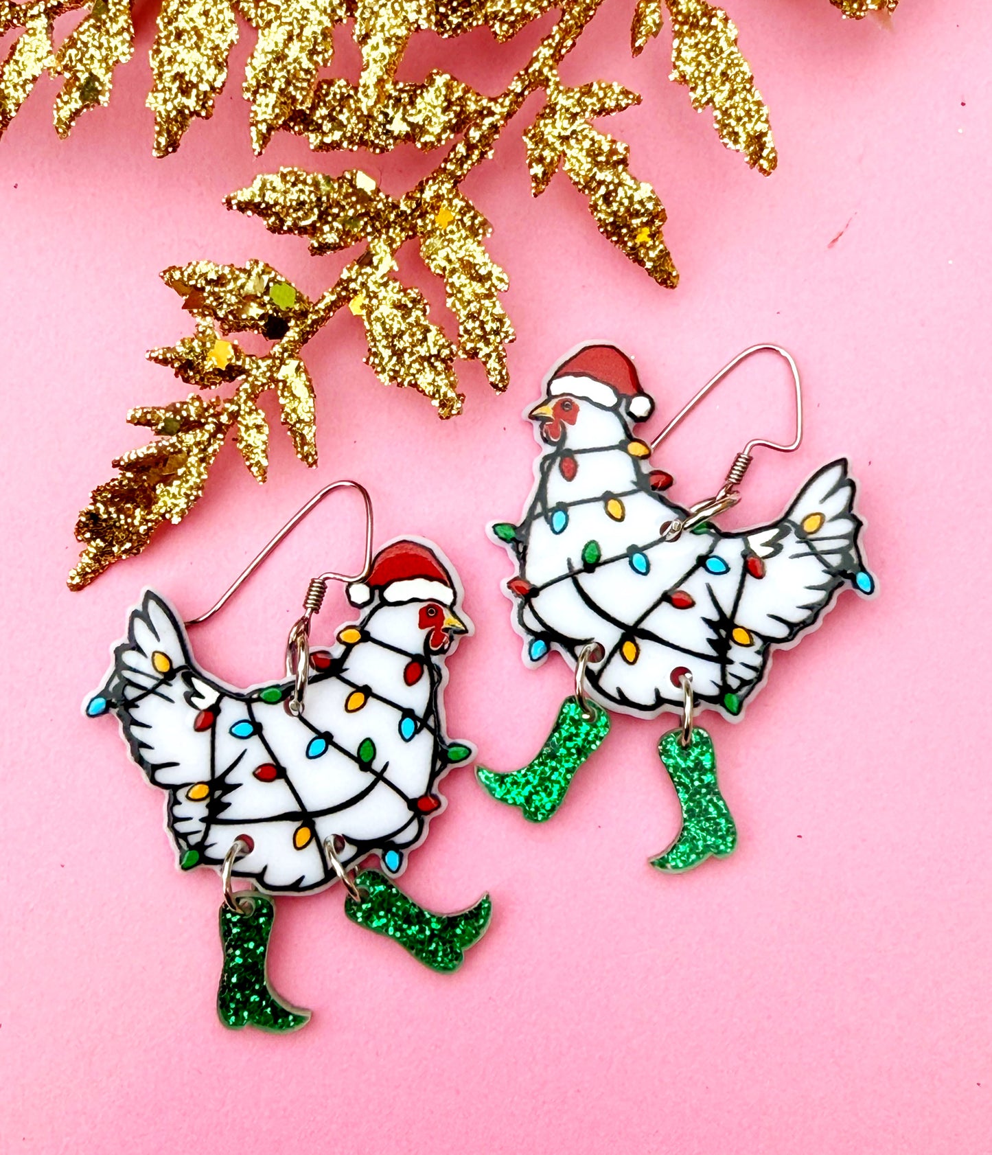 Festive Chicken Earrings – Holiday Hen Dangles Wrapped in Christmas Lights | Luna B Jewelry